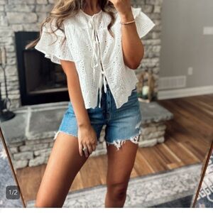 White Eyelet Lace-Up Blouse